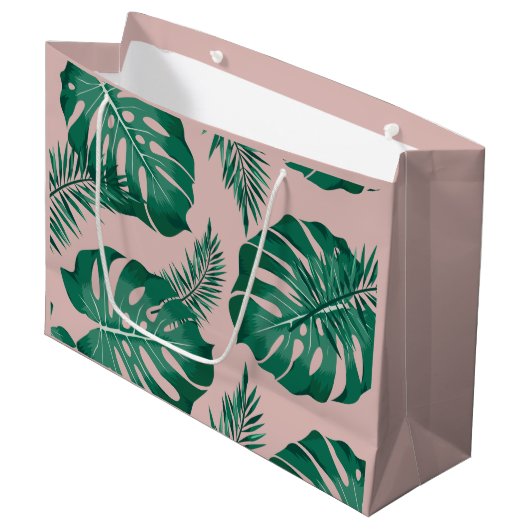 Tropisches Pink & Green Palm Blätter Nahtloses Mus Große Geschenktüte (Vorderseite Schrägansicht)