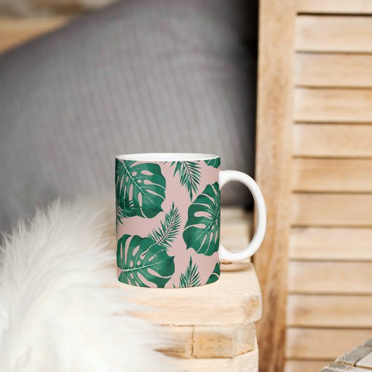 Tropisches Pink & Green Palm Blätter Nahtloses Mus Kaffeetasse