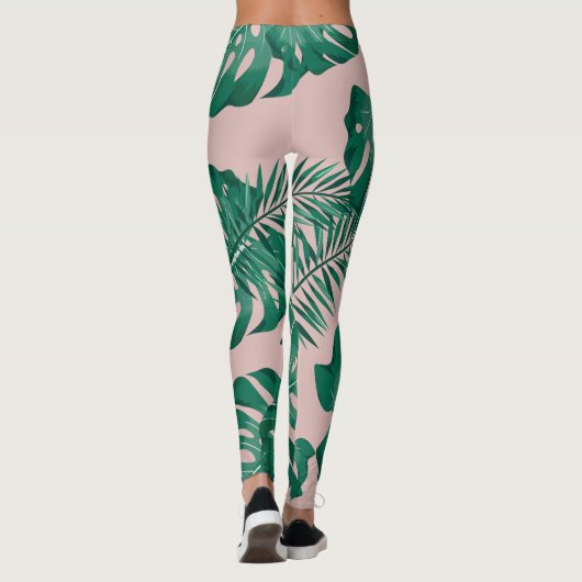 Tropisches Pink & Green Palm Blätter Nahtloses Mus Leggings (Rückseite)