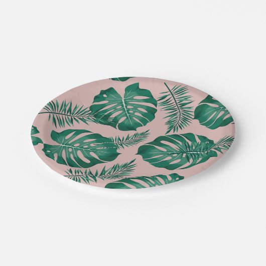 Tropisches Pink & Green Palm Blätter Nahtloses Mus Pappteller (Schrägansicht)