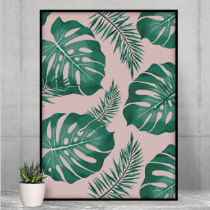 Tropisches Pink & Green Palm Blätter Nahtloses Mus Poster
