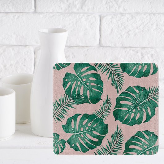 Tropisches Pink & Green Palm Blätter Nahtloses Mus Schneidebrett