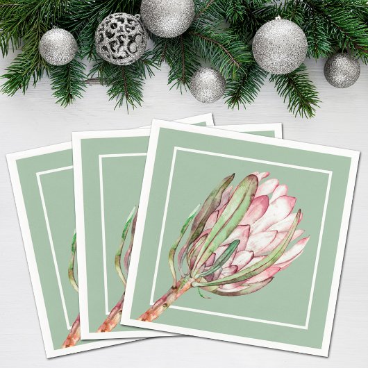 Tropisches Pink-Protea-Blume auf dem Minze-Party Serviette
