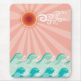 Tropisches Pink Sun Aqua Waves Sommer Beach Ozean Mousepad
