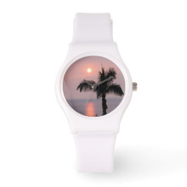 Tropisches Pink Sunset Sky und Palm Sporty Watch Armbanduhr