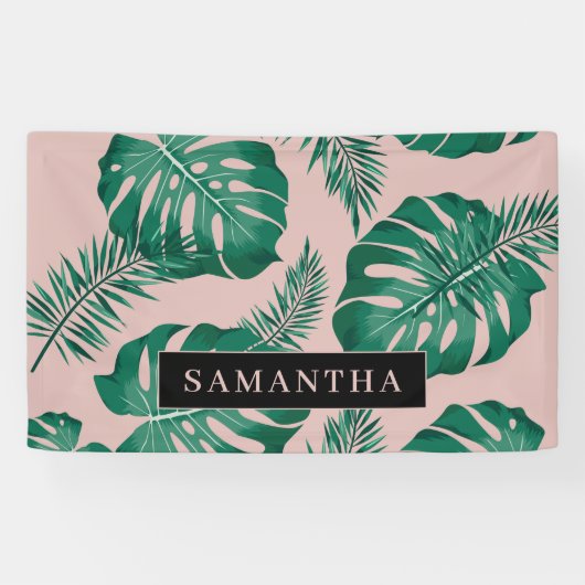 Tropisches Pink und grüne Palme Blätter Muster und Banner (Horizontal)