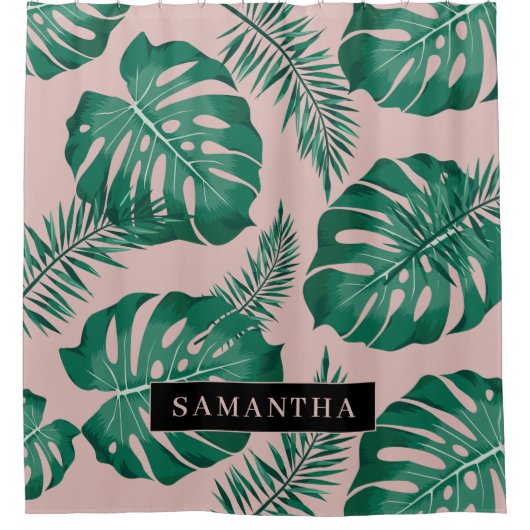Tropisches Pink und grüne Palme Blätter Muster und Duschvorhang (Vorderseite)
