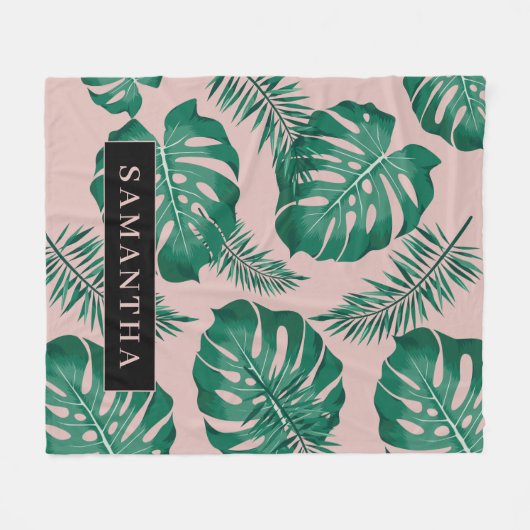 Tropisches Pink und grüne Palme Blätter Muster und Fleecedecke (Vorderseite (Horizontal))