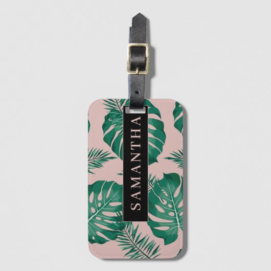 Tropisches Pink und grüne Palme Blätter Muster und Gepäckanhänger (Vorderseite Vertikal)
