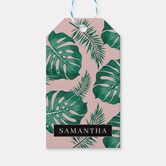 Tropisches Pink und grüne Palme Blätter Muster und Geschenkanhänger (Vorderseite)