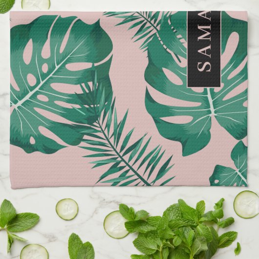 Tropisches Pink und grüne Palme Blätter Muster und Geschirrtuch (Gefaltet)