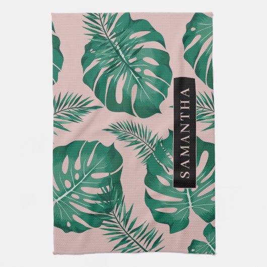 Tropisches Pink und grüne Palme Blätter Muster und Geschirrtuch (Vertikal)