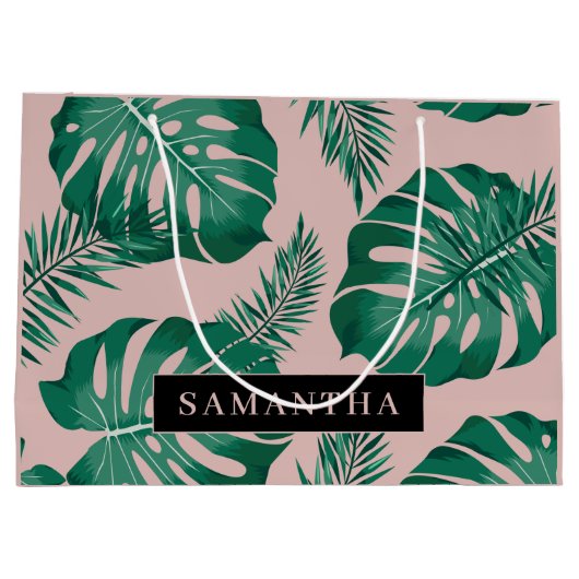 Tropisches Pink und grüne Palme Blätter Muster und Große Geschenktüte (Rückseite)