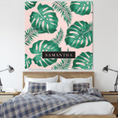 Tropisches Pink und grüne Palme Blätter Muster und Leinwanddruck (Insitu (Schlafzimmer))