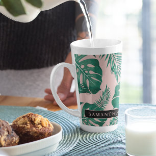 Tropisches Pink und grüne Palme Blätter Muster und Milchtasse