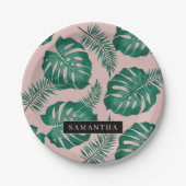 Tropisches Pink und grüne Palme Blätter Muster und Pappteller (Vorderseite)