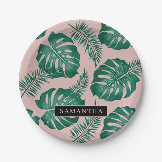 Tropisches Pink und grüne Palme Blätter Muster und Pappteller (Vorderseite)
