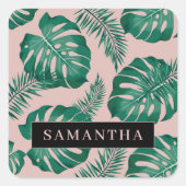 Tropisches Pink und grüne Palme Blätter Muster und Quadratischer Aufkleber (Vorderseite)
