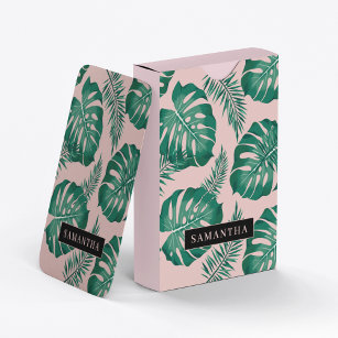 Tropisches Pink und grüne Palme Blätter Muster und Spielkarten