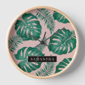 Tropisches Pink und grüne Palme Blätter Muster und Uhr (Vorderseite)