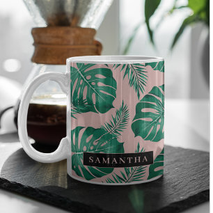 Tropisches Pink und grüne Palme Blätter Muster und Zweifarbige Tasse