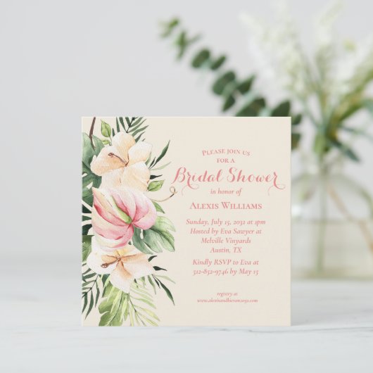 Tropisches Plumeria & Flamingo Lily Brautparty im Einladung (Stehend Vorderseite)
