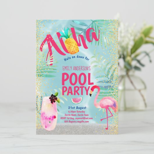 Tropisches POOL PARTY Flamingo Ananas Aloha Luau Einladung (Stehend Vorderseite)