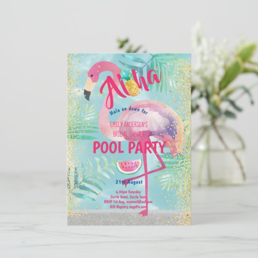 Tropisches POOL PARTY Flamingo Ananas Aloha Luau Einladung (Stehend Vorderseite)