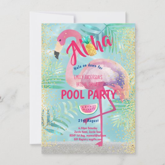 Tropisches POOL PARTY Flamingo Ananas Aloha Luau Einladung (Vorderseite)