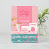 Tropisches Pool Party Retro Rosa Geburtstag Einladung (Stehend Vorderseite)