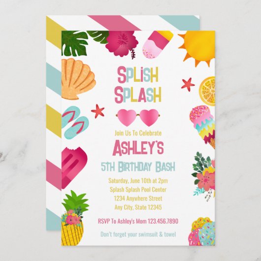 Tropisches Pool Party Sommerbad Geburtstag Einladung (Vorne/Hinten)