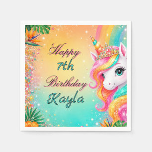 Tropisches Regenbogen-Einhorn-Blumen-Geburtstag fü Serviette