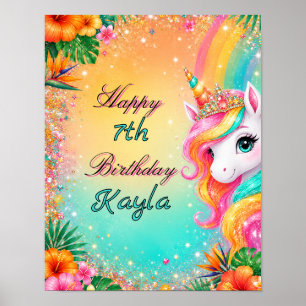 Tropisches Regenbogen-Einhorn-Blumen-Mädchen-Gebur Poster