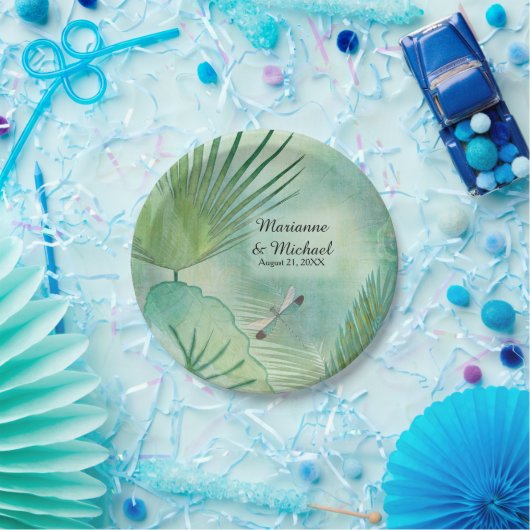 Tropisches Regenwald Blätter Drachenfliegenhochzei Pappteller (Party)