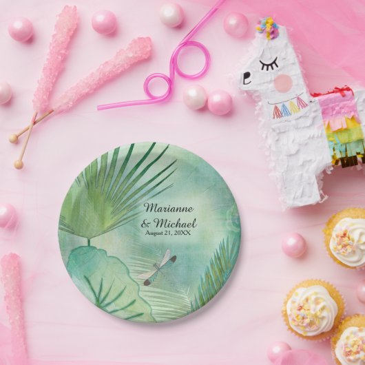 Tropisches Regenwald Blätter Drachenfliegenhochzei Pappteller