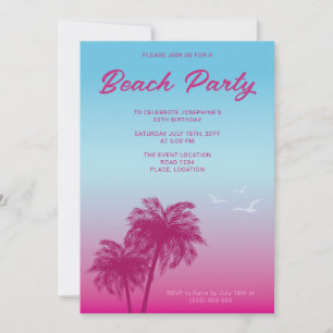 Tropisches Rosa Blau Strandparty Palmen Geburtstag Einladung