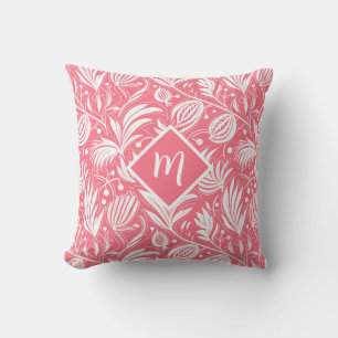 Tropisches rosa Blumenmuster Diamant-Monogramm Kissen