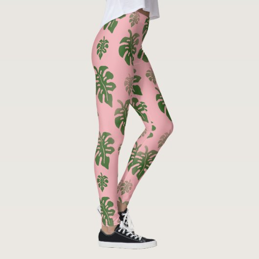 Tropisches rosa Botanisches Monstera-Blätter Muste Leggings (Rechts)