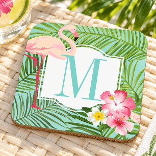 Tropisches rosa Flamingo-Blumen-Monogramm Anfangsb Getränkeuntersetzer