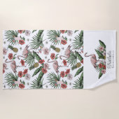 Tropisches rosa Flamingo Blumenmuster Weiß Strandtuch (Vorderseite)