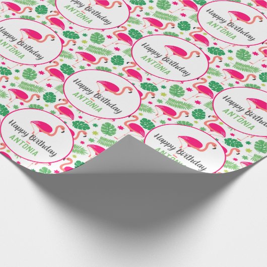 Tropisches rosa Flamingo Personalisierter Geburtst Geschenkpapier (Ecke)