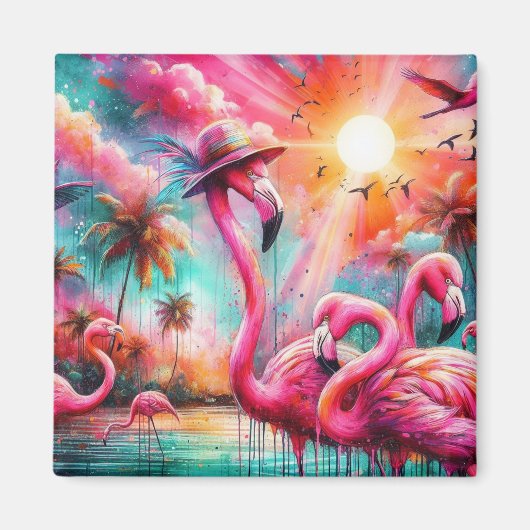 Tropisches Rosa Flamingos Palmen Organisation Magnet (Vorne)