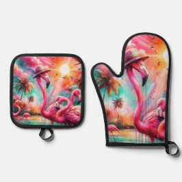 Tropisches Rosa Flamingos Palmen Organisation Ofenhandschuh & Topflappen-Set