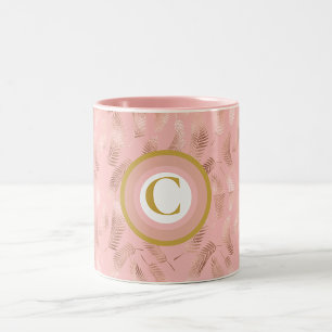 Tropisches Rosa & Gold Blätter Monogramm Zweifarbige Tasse