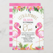 Tropisches Rosa Ließ Flamingle Flamingo 1. Geburts Einladung (Vorne/Hinten)