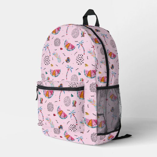 Tropisches rosa Memphis Stilmuster Bedruckter Rucksack (Rückseitige Ecke Rechts)