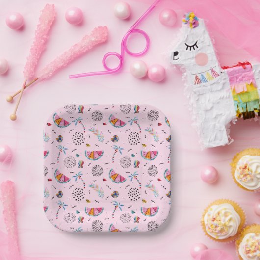 Tropisches rosa Memphis Stilmuster Pappteller (Party)