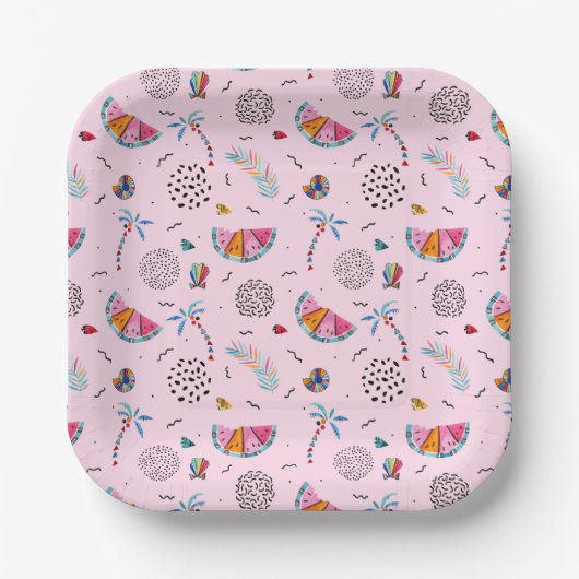 Tropisches rosa Memphis Stilmuster Pappteller (Vorderseite)