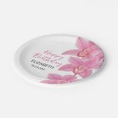 Tropisches Rosa Orchid Blume Happy Birthday Pappteller (Schrägansicht)