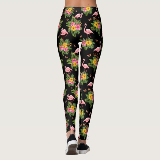 Tropisches rosa Schwarzes Flamingo-Muster Leggings (Rückseite)